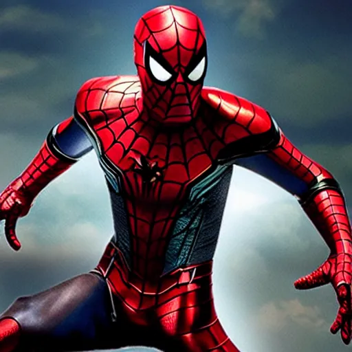 Prompt: promotional image of Spider Man as Iron Man in Iron Man（2008）, he wears Iron Man armor without his face, movie still frame, promotional image, imax 70 mm footage