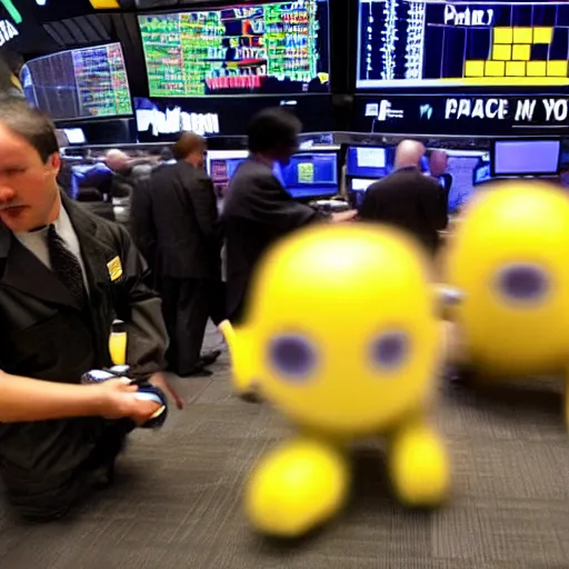 Prompt: pacman trading on the floor of the new york stock exchange, hd photo, circa 2 0 0 8