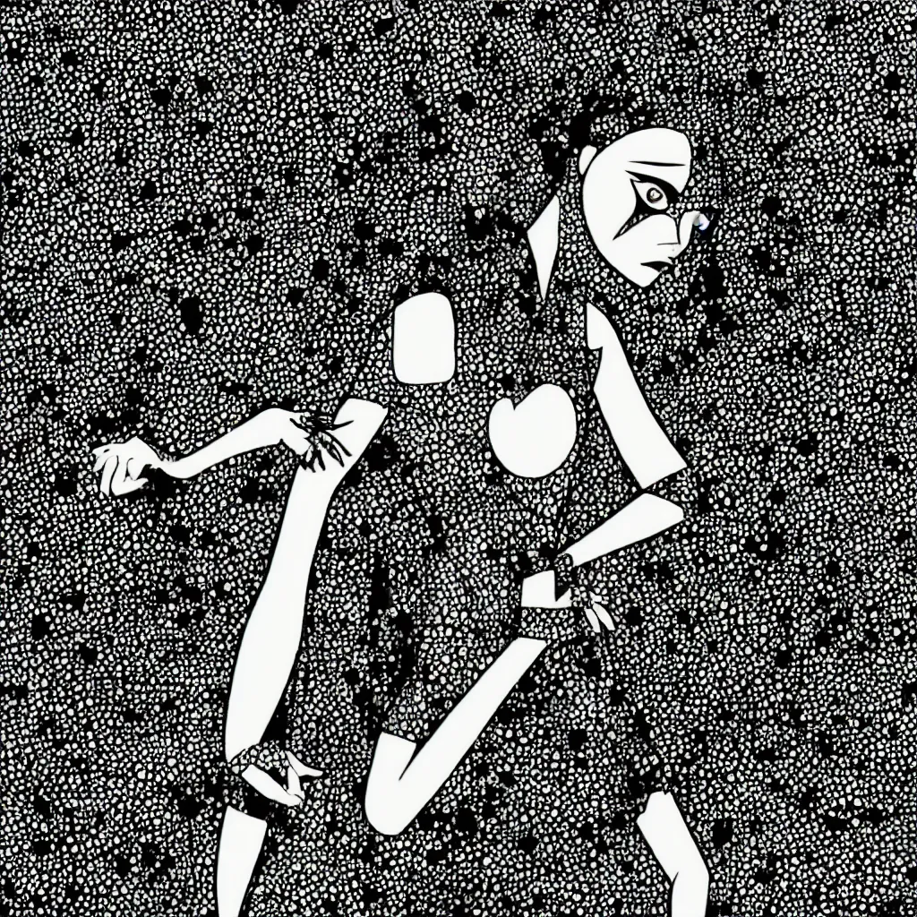 Image similar to girl figure, abstract, jet set radio artwork, ryuta ueda artwork, cryptic, rips, spots, asymmetry, stipple, lines, glitches, color tearing, pitch bending, stripes, dark, ominous, eerie, hearts, minimal, points, otomo katsuhiro artwork, technical, natsumi mukai artwrok, folds