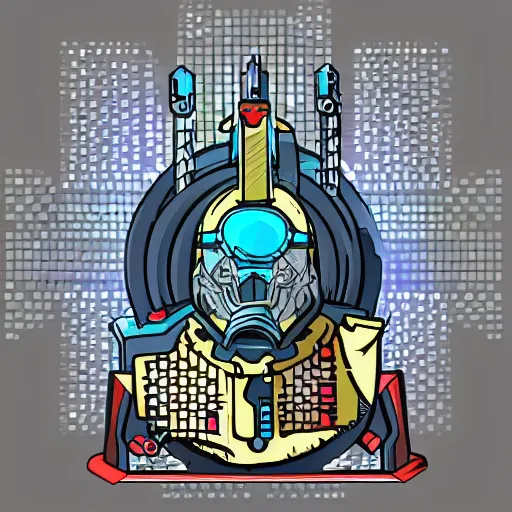 Prompt: cybernetic viking in front of computer, logo, vector art, cartoon illustration