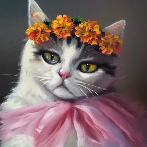 Image similar to anthromorphic fluffy bicolor rag doll cat dressed in princess dress with flower crown, detailed 4 k oil painting