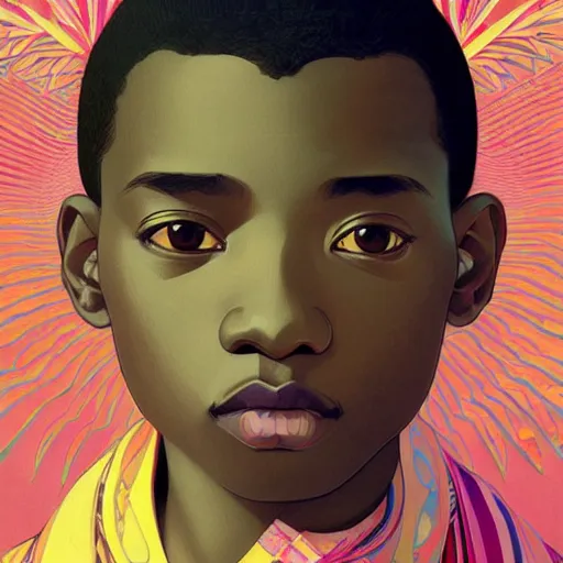 Image similar to colourful upper half portrait of an african boy - in japan graphic design illustration style, art by hsiao - ron cheng & alphonse mucha, highly detailed, digital painting, illustration, smooth, sharp focus, intricate, symmetry, pinterest, behance,