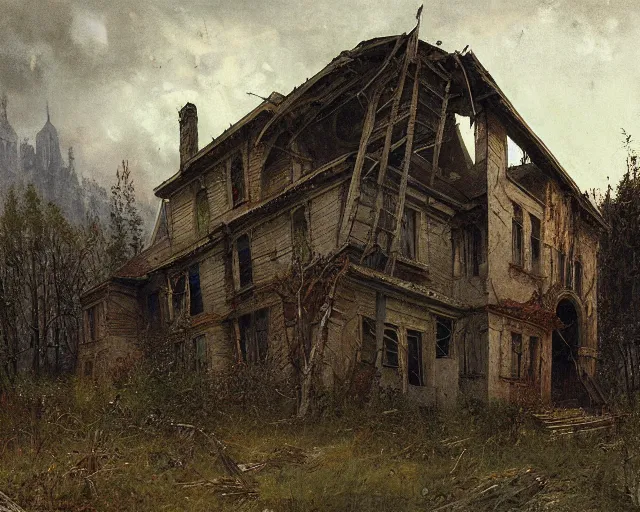 Prompt: matte painting of abandoned house by vasnetsov