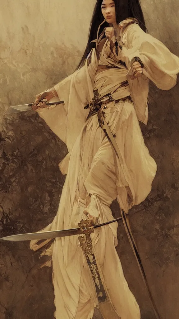 Prompt: modern elegant tanned female samurai ninja, with large sword, open exposed back, wide leg hakama trousers, by gaston bussiere, mucha, gerome, craig mullins, greg rutkowski, john singer sargent