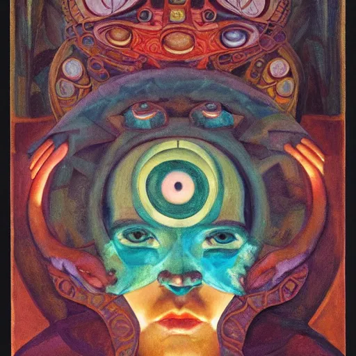 Prompt: the eyeball crown, by Annie Swynnerton and Nicholas Roerich and Diego Rivera, bioluminescent skin, elaborate costume, geometric ornament, symbolist, rich color, dramatic cinematic lighting, smooth, sharp focus, extremely detailed