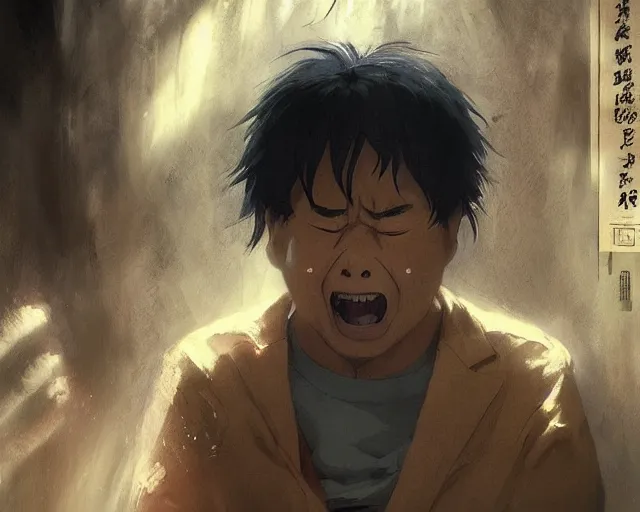 Image similar to a 50 year old brunnete chinese man with puffy cheeks bursting in tears on the floor, horror scene, dramatic, close up shot, anime art, Greg Rutkowski, studio ghibli, dramatic lighting