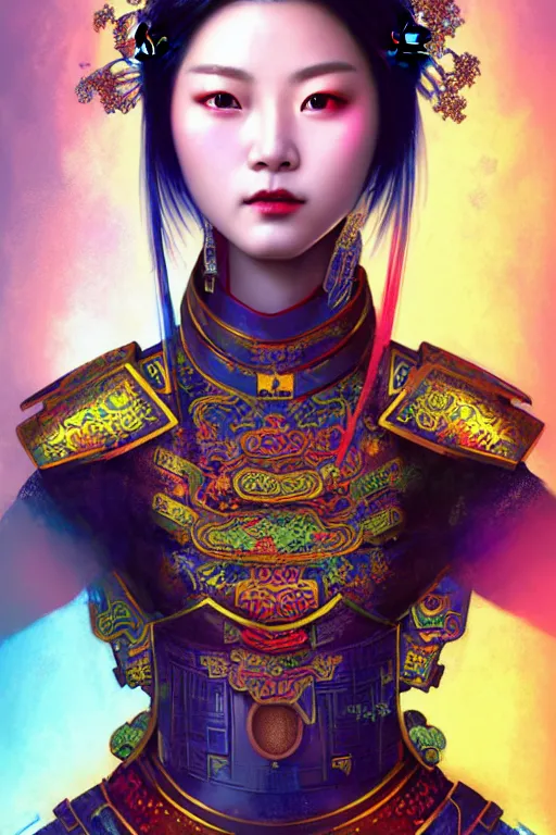 Prompt: beautiful and divine and holy and elite and colorlpunk three kingdom chinese female armor knight portrait like twice tzuyu+shinnyy eyes, ssci-fi, fantasy, neon light at chinese temple rooftop, art and illustration by tian zi and craig mullins and WLOP and alphonse mucha, fantasy, intricate complexity, human structure, human anatomy, fantasy character concept, watermark, blurry, hyperrealism 8k