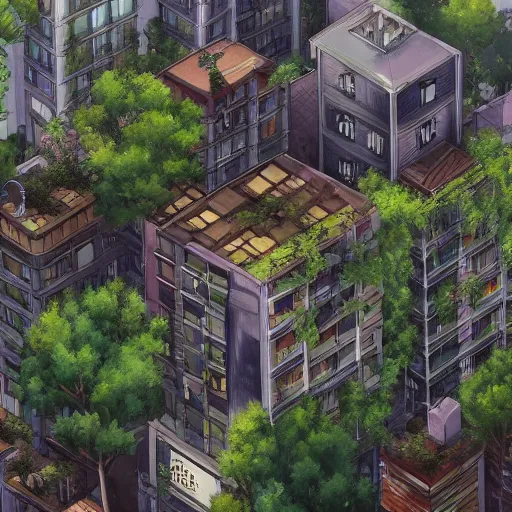 Prompt: dense cityblock, ground floor shops, residential apartments, rooftop garden. rainy atmosphere. sharp focus, smooth, hd, detailed, decayed, digital painting trending on art station, studio ghibli.