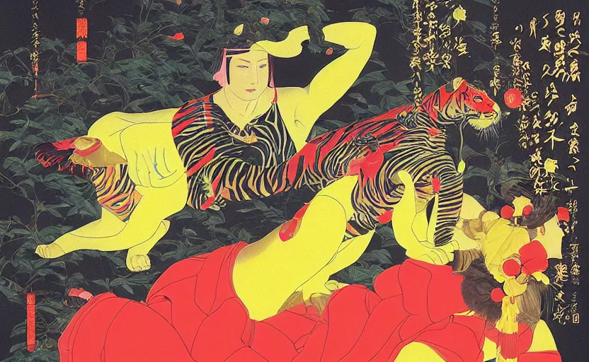 Image similar to a red delorean and a yellow tiger body, painting by hsiao - ron cheng & utagawa kunisada, magazine collage style,