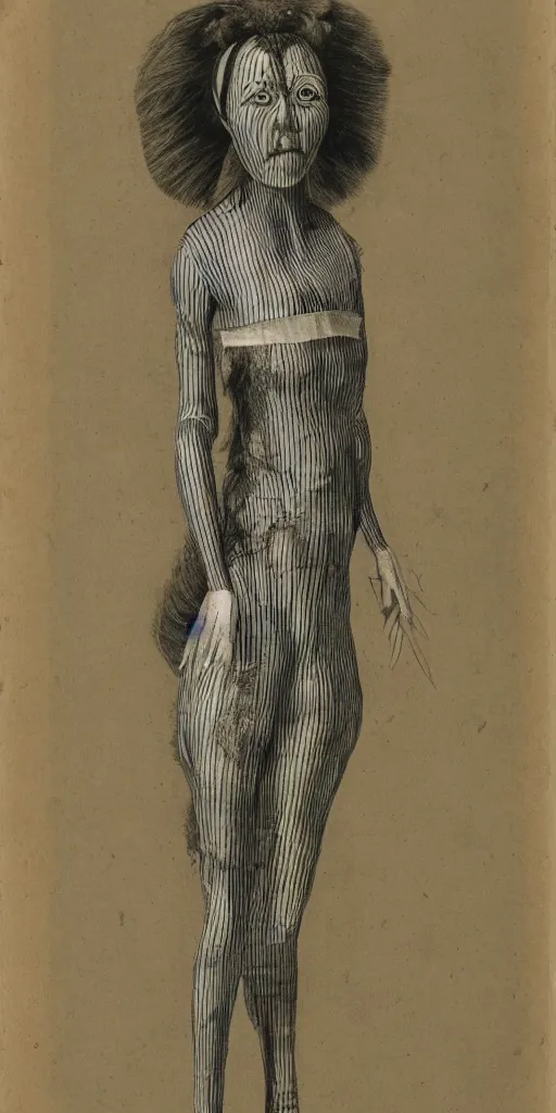 Image similar to an anthromorphic bee woman wearing striped couture made out of wax and paper