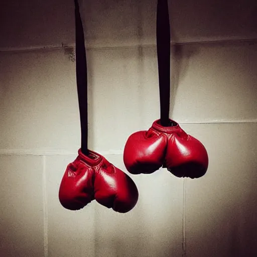 Image similar to “a pair of old red leather boxing gloves hanging on the wall in the corner of a dark gym, dimly lit”