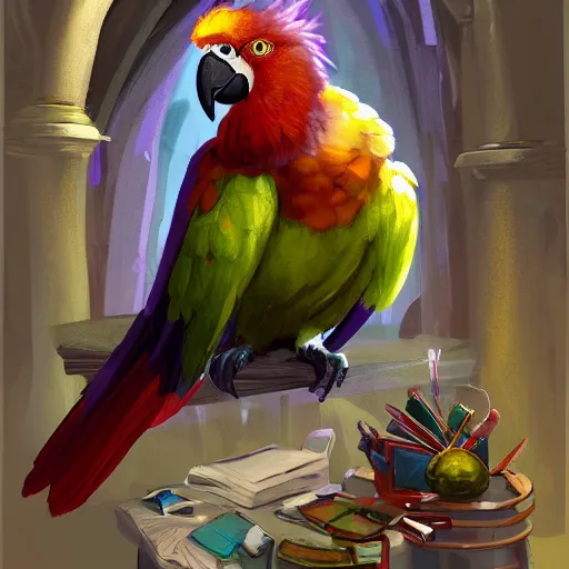 Image similar to Magic the gathering artwork of Anthropomorphized parrot trader in his shop, shelves full, selling a gem, portrait, items, magic potions, carpet, window, fancy funny hat, sly expression , cunning expression, cute expression, presenting magic gem, D&D, fantasy, cinematic lighting, highly detailed, digital painting, artstation, concept art, smooth, sharp focus, illustration, warm light, cozy warm tint, magic the gathering artwork, volumetric lighting, 8k, no gold, no gold colours, art by Akihiko Yoshida and Greg Rutkowski