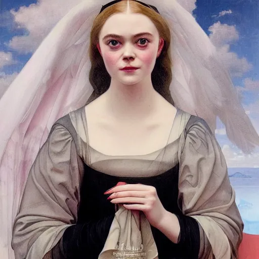 Prompt: a vintage portrait painting of elle fanning in prey wearing a black baclava, highly detailed, art by tristan eaton and artgerm and william - adolphe bouguereau