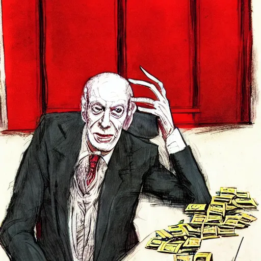 Prompt: Jacob Rothschild full body shot, dollar bills Body horror, biopunk, by Ralph Steadman, Francis Bacon, Hunter S Thompson