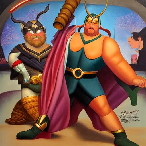 Prompt: Fernando Botero painting of MCU's Loki with his mighty staff, high definition art, extremely detailed