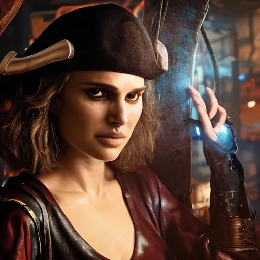 Image similar to a high quality portrait of natalie portman as a pirate in a cyberpunk cyberpunk cyberpunk cafe, realism, 8k, award winning photo