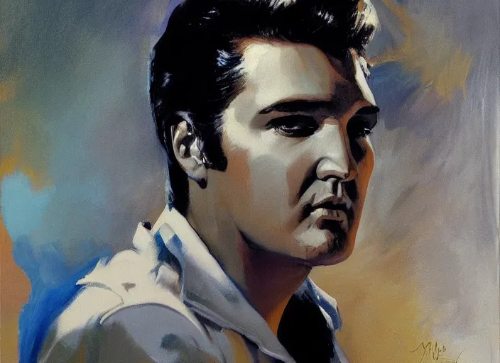 Prompt: a highly detailed beautiful portrait of elvis presley by gregory manchess, james gurney, james jean