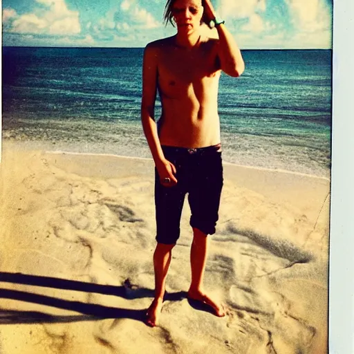 Prompt: polaroid of jamie campbell bower on a beach