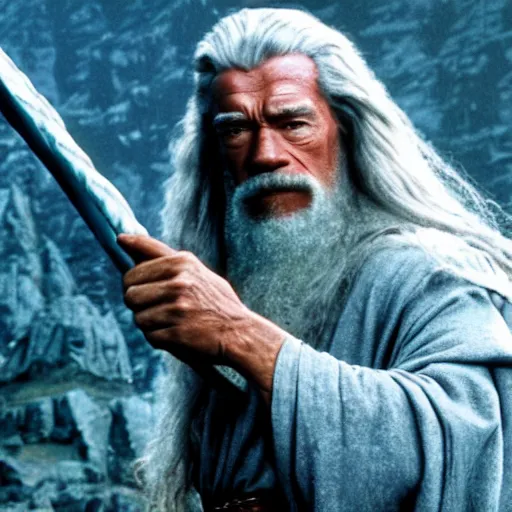 Image similar to Arnold Schwarzenegger as Gandalf, cinematic film still