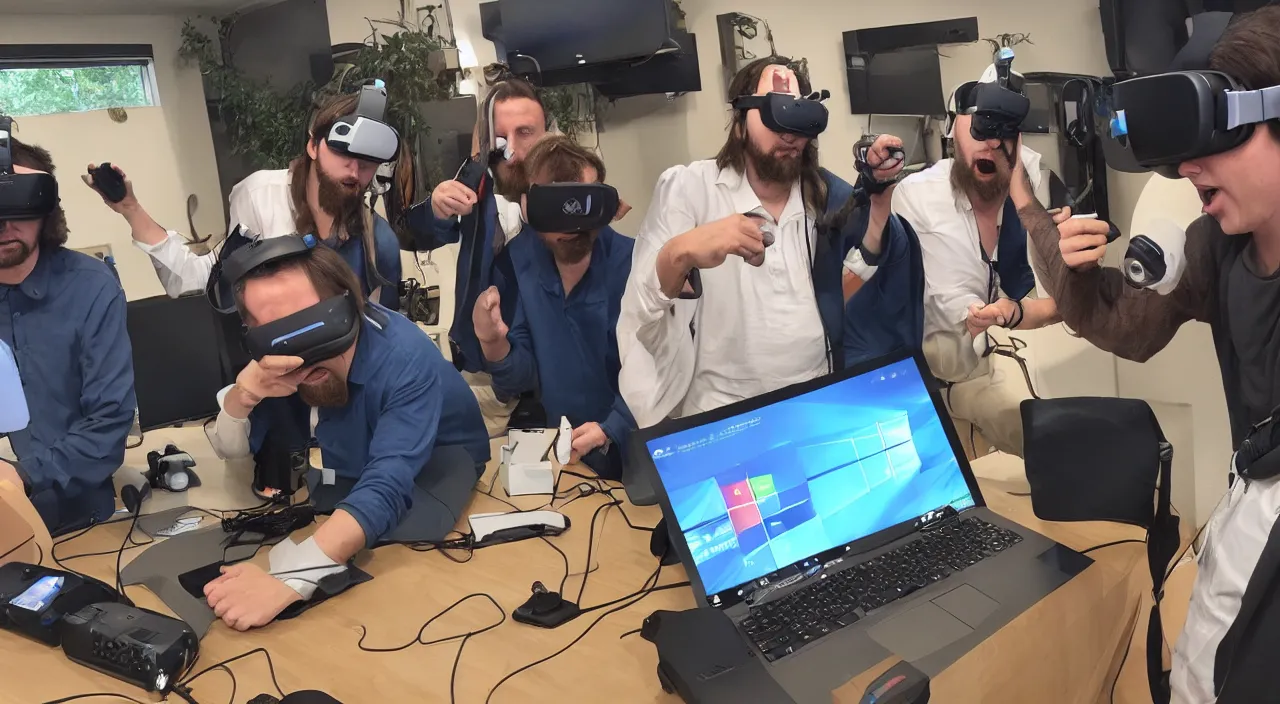 Image similar to Jesus Christ teaching his disciples how to install Windows 11 using VR. Photo realistic.