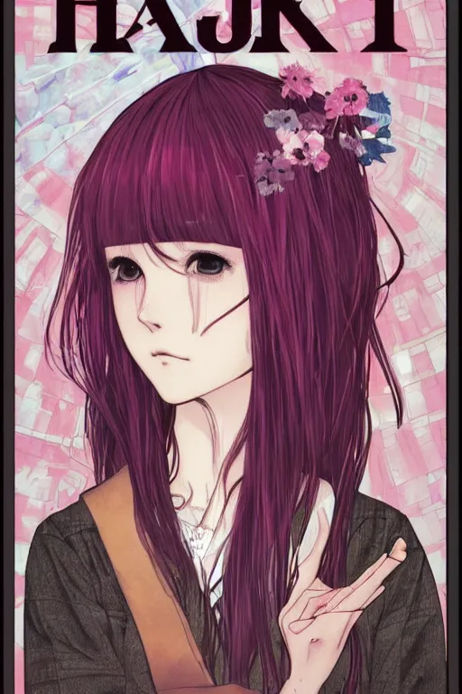 Prompt: professionally drawn shoujo mature horror mystery romance manga comic cover, beautifully drawn museum portrait coherent professional, drawn by ilya kuvshinov, gustav klimt, alphonse mucha and tsutomu nihei. japanese script kanji hiragana on the cover. simplistic minimalist stylized cover art. pink & purple & blue full color.