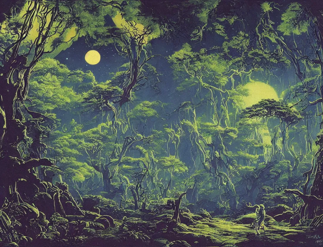 Image similar to a lush alien forest on a moon orbiting a gas giant!! by robert mccall