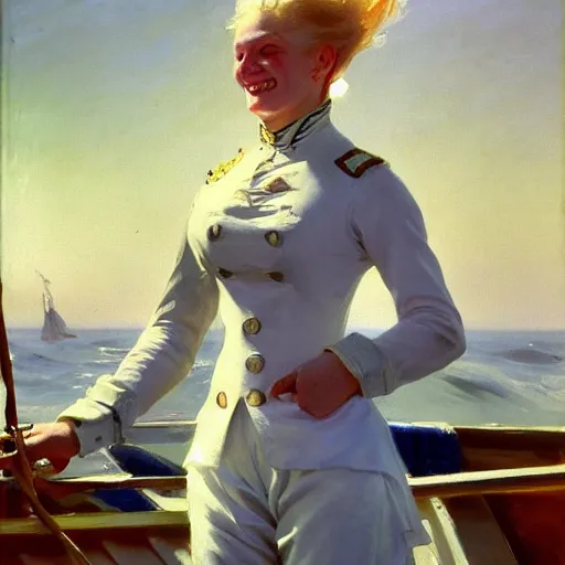 Image similar to painting of a muscular albino female sailor woman with broad shoulders, flowing white hair, and a confident smile, naval uniform, on a boat at sea. painting by john singer sargent and ivan aivazovsky, 4 k hd artstation