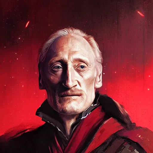 Image similar to portrait of a man by greg rutkowski, he looks like charles dance, star wars expanded universe, he is about 7 0 years old, wearing white and red chancellor clothes of the galactic triunvirate.