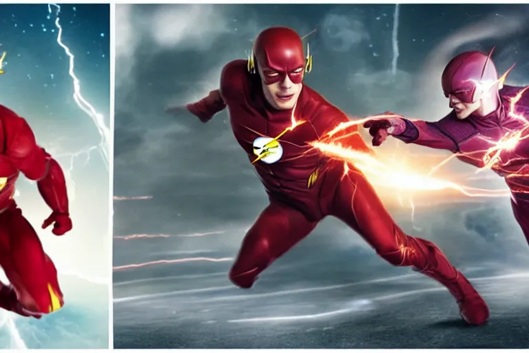 Prompt: a duel between flash ( left ) and ezra miller as flash ( right ), in space, shot on alexa, 3 5 mm cooke, still from a movie, trending on hollywood reporter