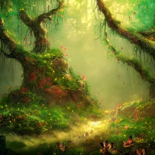 Image similar to A beautiful painting of a fantasy forest, digital art, lots of detail, 4k, ultra HD