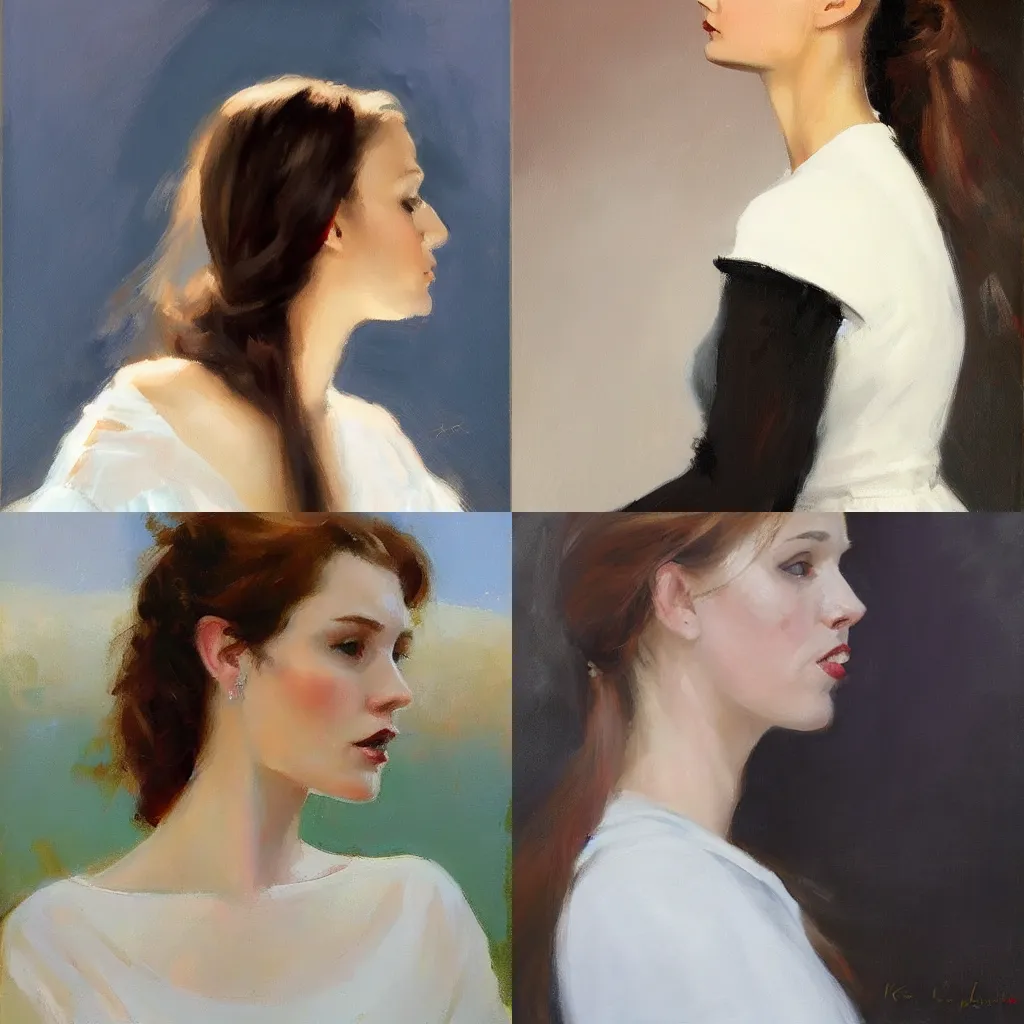 Prompt: girl with long hair, profile, white dress, by karen offutt, john larriva