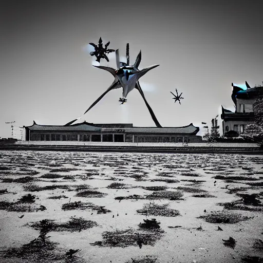 Image similar to North korean starfish monster, kaiju-eiga, thriller, monochrome, film grain, flare, backlit