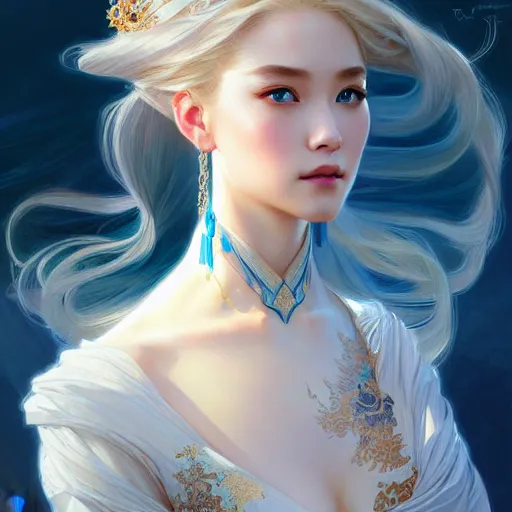 Image similar to elegant Chinese princess, D&D, blue eyes, blonde hair, fantasy, intricate, elegant, highly detailed, digital painting, artstation, concept art, smooth, sharp focus, illustration, art by artgerm and greg rutkowski and alphonse mucha