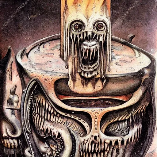 Image similar to monsters consumed transformed transmutation in a fiery alchemical cauldron painted by giger