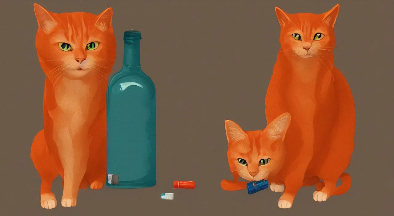 Prompt: a cat standing next to a bottle of medicine. orange cat. animal. digital art. artstation. illustration. coherent image.