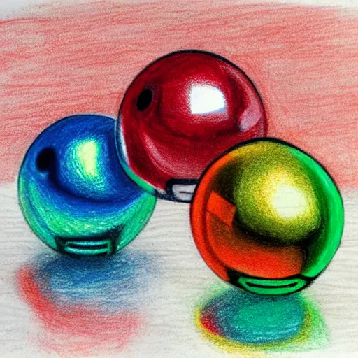 Prompt: chrome spheres on a red cube, drawn with colored pencil