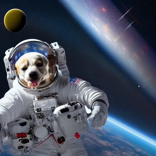 Image similar to astronaut dog floating in space connected to a space station with stars and asteroids in the background, high resolution, photorealistic, photo, 8k