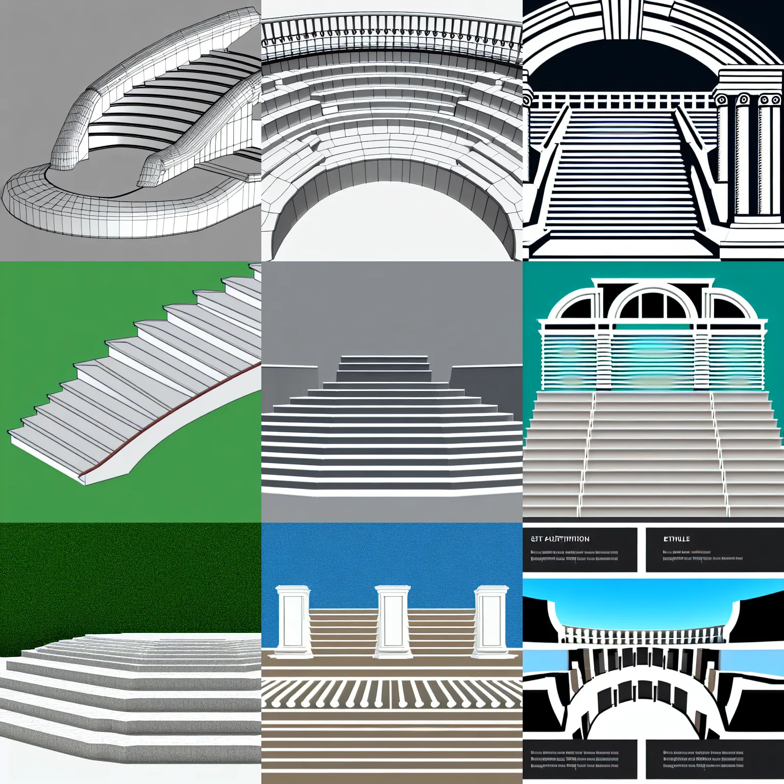 Prompt: a simplified full frame 3 / 4 shot of a section of ancient amphitheater steps, 3 d model infographic logo, smooth shaded, white background