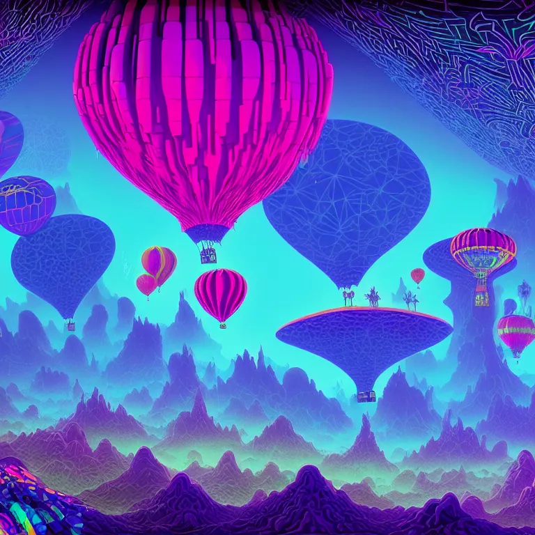 Image similar to mysterious balloons over mystical crystal temple, infinite fractal tesseract, quantum waves, synthwave, bright neon colors, highly detailed, cinematic, eyvind earle, tim white, philippe druillet, roger dean, ernst haeckel, lisa frank, aubrey beardsley, kubrick