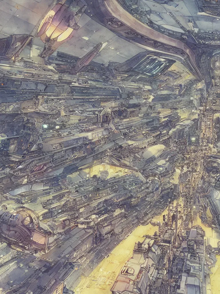 Prompt: interior of a busy spaceport, intricate watercolor and ink artwork by moebius. trending on artstation, very coherent symmetrical artwork. cinematic, hyper realism, high detail