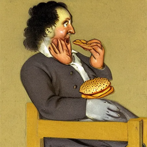 Image similar to burger king eating a burger by francisco goya