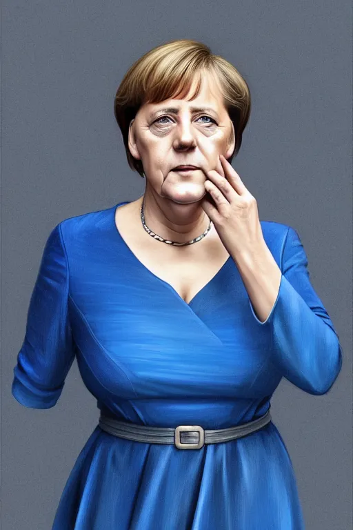 Image similar to angela merkel in a thin blue dress, realistic portrait, symmetrical, highly detailed, digital painting, artstation, concept art, smooth, sharp focus, illustration, cinematic lighting, art by artgerm and greg rutkowski and alphonse mucha