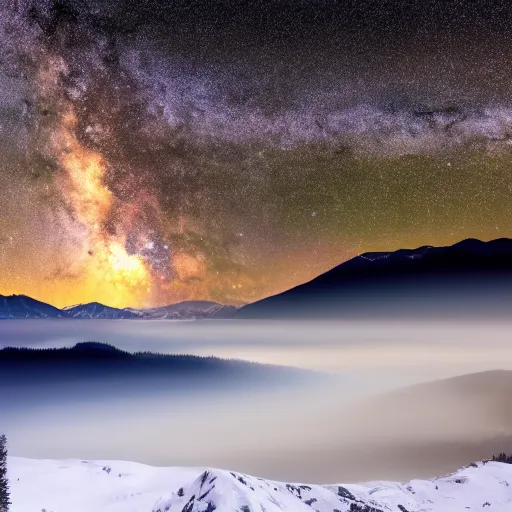 Image similar to long exposure photograph of milky way set behind mountains, highly detailed, long lens, 4 k
