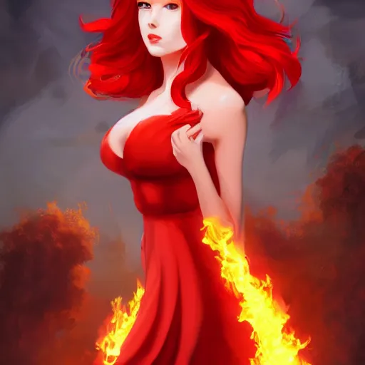 Image similar to a goddess with red hair and red dress with a fire aura, trending on artstation