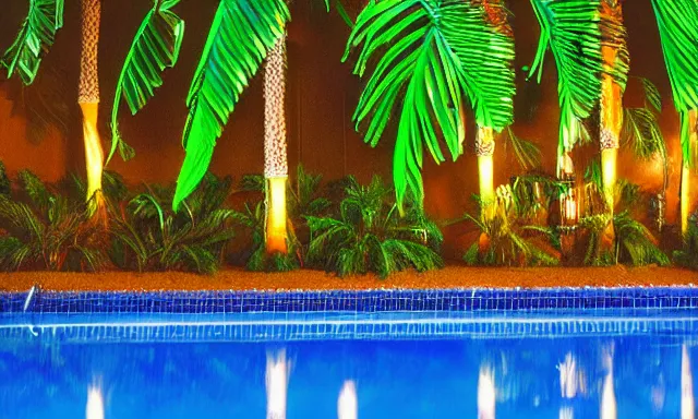 Prompt: indoor pool with ferns and palm trees at night, pool tubes, chromatic abberation, dramatic lighting, depth of field, 80s photo