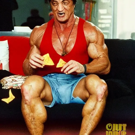 Image similar to sylvester stallone eating doritos sitting on a couch on mars