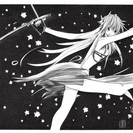 Image similar to it's an anime drawing by takeshi obata, it depicts a woman, lithe and graceful, leaping through the air, with a dozen swords, spinning, flying, and exploding all around her. in the background, the night sky is dark, filled with stars, and the moon is out, shining bright.