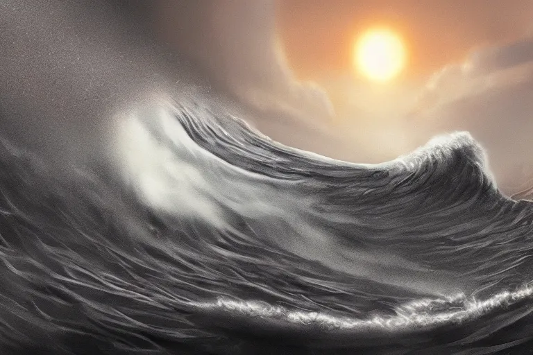 Prompt: cat peeking out from behind a giant tsunami wave, digital painting, epic composition, highly detailed, 8 k