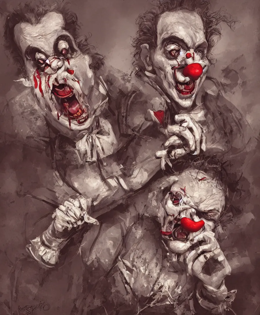 Image similar to Dead clown, circus, artstation, concept art, illustration, by Alfredo Rodriguez