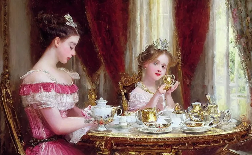 Image similar to Young victorian princess drinking tea on the royal palace dining room. By Konstantin Razumov, highly detailded